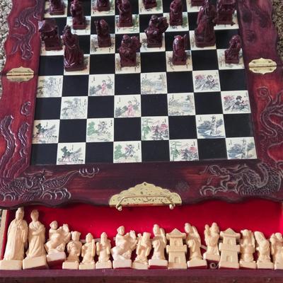 LOT 597: Vintage Carved Wooden Japanese Folding Chess Set