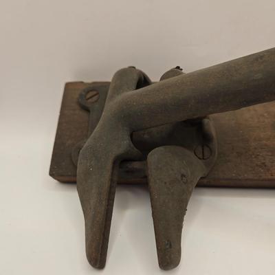 LOT 605: Cherry King Wooden Box , Antique Nut Cracker, Immersible Thermometer, Awl, Metal Gate Handle, Upholster Tack Hammer, &...