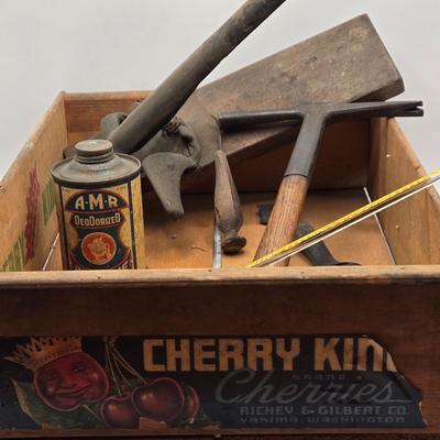 LOT 605: Cherry King Wooden Box , Antique Nut Cracker, Immersible Thermometer, Awl, Metal Gate Handle, Upholster Tack Hammer, &...