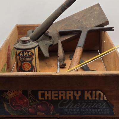 LOT 605: Cherry King Wooden Box , Antique Nut Cracker, Immersible Thermometer, Awl, Metal Gate Handle, Upholster Tack Hammer, &...