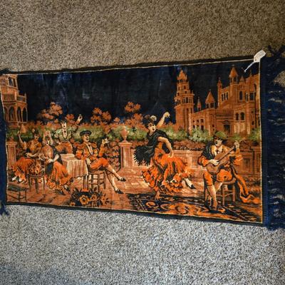 LOT 607: Antique Spanish Dancing Music Velour Colosseum Towers Wall Art Tapestry & Prayer Rug/Wall Art Tapestry