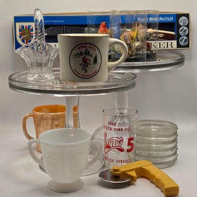 LOT 608: Hi Nella Fire Company 1966 Glass, Pine Hill Scout Mug, Milk Glass Sugar Bowl Regent Sheffield Knife, Glass Cake/Display Stands,...