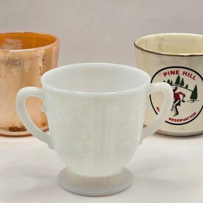 LOT 608: Hi Nella Fire Company 1966 Glass, Pine Hill Scout Mug, Milk Glass Sugar Bowl Regent Sheffield Knife, Glass Cake/Display Stands,...
