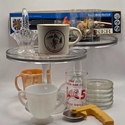 LOT 608: Hi Nella Fire Company 1966 Glass, Pine Hill Scout Mug, Milk Glass Sugar Bowl Regent Sheffield Knife, Glass Cake/Display Stands,...