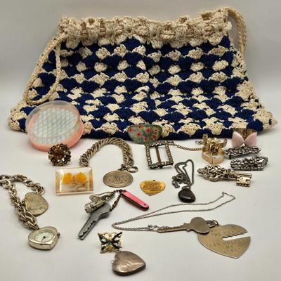 LOT 610: Silk Knitted Handbag & Various Pieces of Jewelry