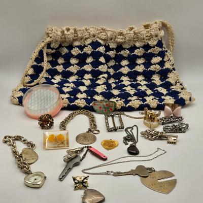 LOT 610: Silk Knitted Handbag & Various Pieces of Jewelry