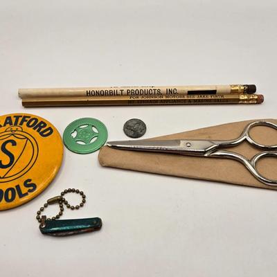 LOT 616: Chinese Cricket Box, "Lost World Watches", Small Pennant Flags, Marbles, Bruce Wayne Ring, Rulers, Wooden Box,& More