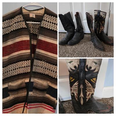 LOT 618: Vintage Blanket Vest, Neolite Boots with Detailed Decoration, & Unknown Brand Black Boots