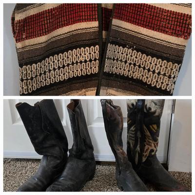 LOT 618: Vintage Blanket Vest, Neolite Boots with Detailed Decoration, & Unknown Brand Black Boots