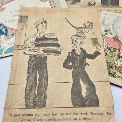 LOT 619: Various Postcards, Greeting Cards, Comic Strips, Matches, Stamps, & Coin Trick Block Puzzle Instructions