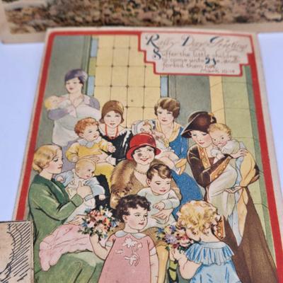 LOT 619: Various Postcards, Greeting Cards, Comic Strips, Matches, Stamps, & Coin Trick Block Puzzle Instructions