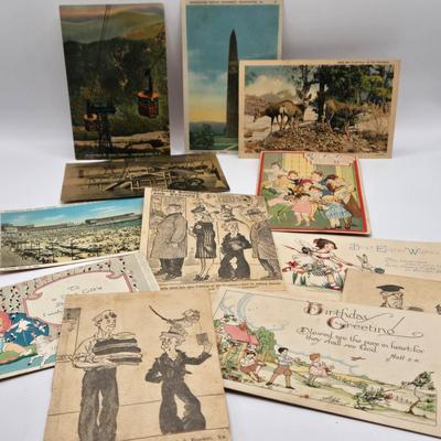 LOT 619: Various Postcards, Greeting Cards, Comic Strips, Matches, Stamps, & Coin Trick Block Puzzle Instructions