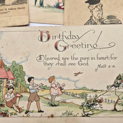 LOT 619: Various Postcards, Greeting Cards, Comic Strips, Matches, Stamps, & Coin Trick Block Puzzle Instructions