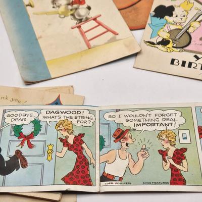 LOT 619: Various Postcards, Greeting Cards, Comic Strips, Matches, Stamps, & Coin Trick Block Puzzle Instructions