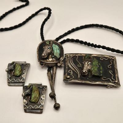 LOT 620: Silver Toned Belt Buckle, Bolo Tie, & Watch Band Parts