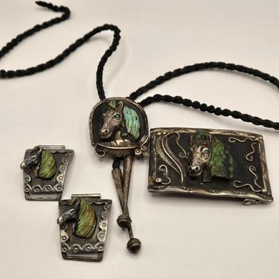 LOT 620: Silver Toned Belt Buckle, Bolo Tie, & Watch Band Parts
