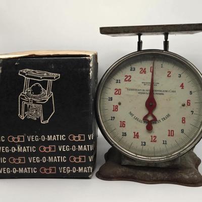 LOT 624:Antique Kitchen Scale, & Veg-O-Matic Food Preparer