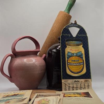 LOT 626: Small Pitcher , Appears to be Handmade, Antique Stoneware Crock Jug, Vintage Rolling Pin,1926 Hellmann's Mayonnaise...