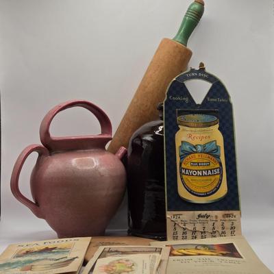 LOT 626: Small Pitcher , Appears to be Handmade, Antique Stoneware Crock Jug, Vintage Rolling Pin,1926 Hellmann's Mayonnaise...