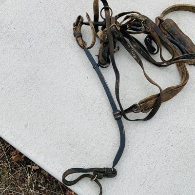 LOT 629: Assortment of Horse Tack Including Bits, Reins and More and a Leather Saddle Bag