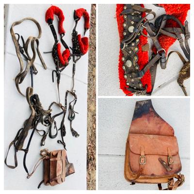 LOT 629: Assortment of Horse Tack Including Bits, Reins and More and a Leather Saddle Bag