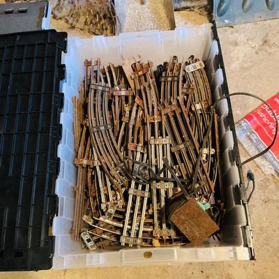 LOT633: Bin Full of Miniature Rail Road Train Tracks - As Is
