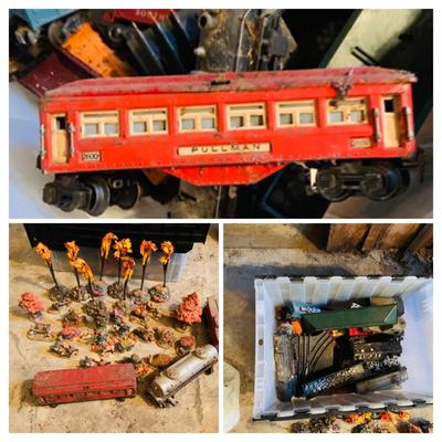 LOT 635: Bin of Vintage O Scale Miniature Trains and Fall Accessories