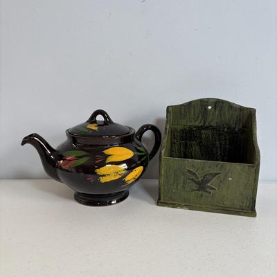 LOT 656: Vintage Amber Glass Jeannette Dish, Royal Canadian Art Pottery Tea Pot, Wooden Mortar & Pestel, Portugal. Olive Green Eagle...