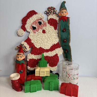 LOT 654: Vintage Plastic Popcorn Santa, "Season's Greeting" Pepsi Glasses, Vintage Plastic Village Light Covers Jingle...