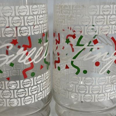 LOT 654: Vintage Plastic Popcorn Santa, "Season's Greeting" Pepsi Glasses, Vintage Plastic Village Light Covers Jingle...