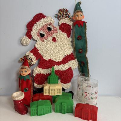 LOT 654: Vintage Plastic Popcorn Santa, "Season's Greeting" Pepsi Glasses, Vintage Plastic Village Light Covers Jingle...