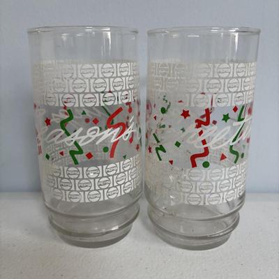 LOT 654: Vintage Plastic Popcorn Santa, "Season's Greeting" Pepsi Glasses, Vintage Plastic Village Light Covers Jingle...