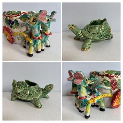 LOT 655: Vintage McCoy Turtle Planter & Made in Italy Donkeys w/Cart Planter