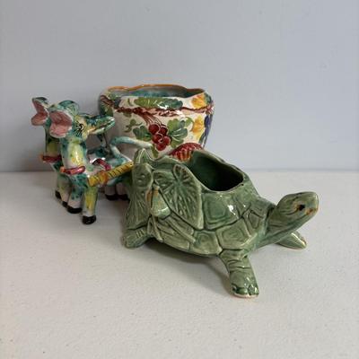 LOT 655: Vintage McCoy Turtle Planter & Made in Italy Donkeys w/Cart Planter