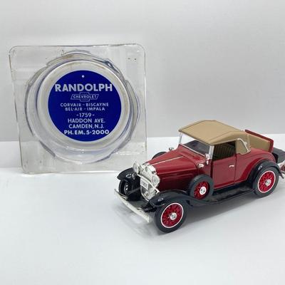 LOT 660: Vintage Automobile Collection - Die Cast Toy Cars (Chevrolet / Cord), Apco Japan Trivets and Randolph Chevrolet Ashtray