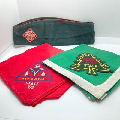 LOT 662: Collection of Vintage Boy Scout Memorabilia - Patches, Tokens, Hand Crafted Neckerchief Holders, Hat, Belt, Bandanas , Books and...