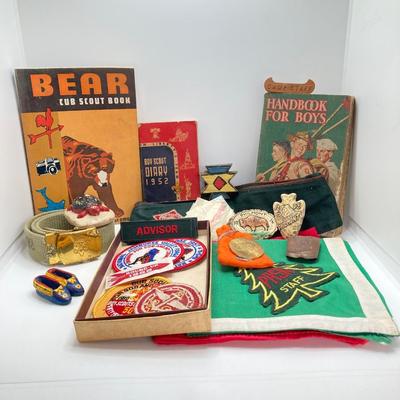 LOT 662: Collection of Vintage Boy Scout Memorabilia - Patches, Tokens, Hand Crafted Neckerchief Holders, Hat, Belt, Bandanas , Books and...
