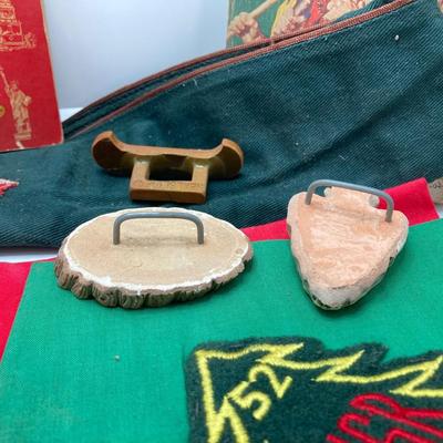 LOT 662: Collection of Vintage Boy Scout Memorabilia - Patches, Tokens, Hand Crafted Neckerchief Holders, Hat, Belt, Bandanas , Books and...