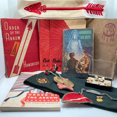 LOT 663: Boy Scouts Vintage Memorabilia - Jewelry / Pins, Hat, Token Coins, Order of the Arrow Books and More