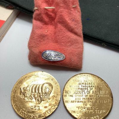 LOT 663: Boy Scouts Vintage Memorabilia - Jewelry / Pins, Hat, Token Coins, Order of the Arrow Books and More