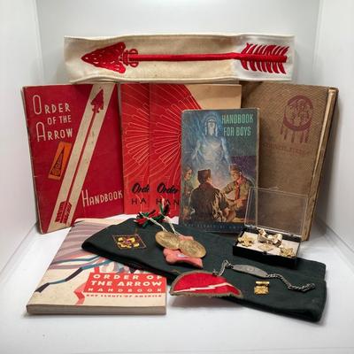 LOT 663: Boy Scouts Vintage Memorabilia - Jewelry / Pins, Hat, Token Coins, Order of the Arrow Books and More