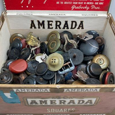 LOT 664: Antique / Vintage Sewing Collection - Mt. Pocono PA Chair / Pin Cushion Thread Holder, Buttons, Tins, Buckles and More