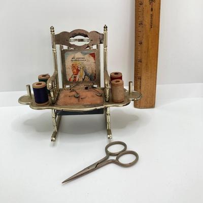 LOT 664: Antique / Vintage Sewing Collection - Mt. Pocono PA Chair / Pin Cushion Thread Holder, Buttons, Tins, Buckles and More