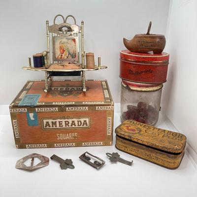 LOT 664: Antique / Vintage Sewing Collection - Mt. Pocono PA Chair / Pin Cushion Thread Holder, Buttons, Tins, Buckles and More