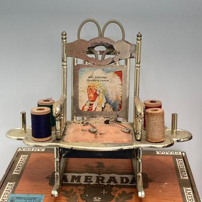LOT 664: Antique / Vintage Sewing Collection - Mt. Pocono PA Chair / Pin Cushion Thread Holder, Buttons, Tins, Buckles and More