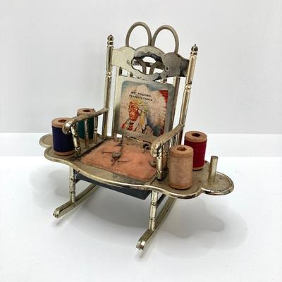 LOT 664: Antique / Vintage Sewing Collection - Mt. Pocono PA Chair / Pin Cushion Thread Holder, Buttons, Tins, Buckles and More