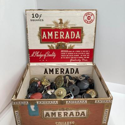 LOT 664: Antique / Vintage Sewing Collection - Mt. Pocono PA Chair / Pin Cushion Thread Holder, Buttons, Tins, Buckles and More