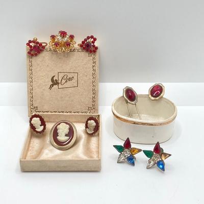 LOT 666: Vintage Red Themed Jewelry - Coro with Box, Cameo, Lefton Japan Trinket Holder and More