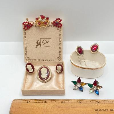 LOT 666: Vintage Red Themed Jewelry - Coro with Box, Cameo, Lefton Japan Trinket Holder and More