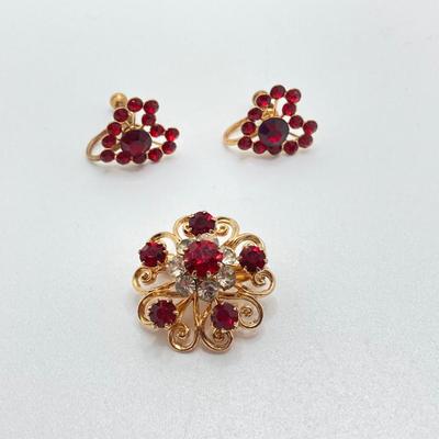 LOT 666: Vintage Red Themed Jewelry - Coro with Box, Cameo, Lefton Japan Trinket Holder and More